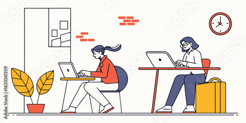 flat vector of office meeting with team discussing ideas, free whiteboard space for text

