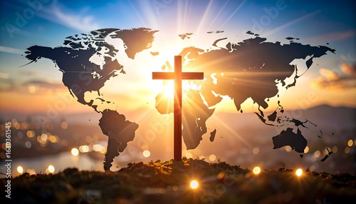 Global faith, sunrise, cross on world map