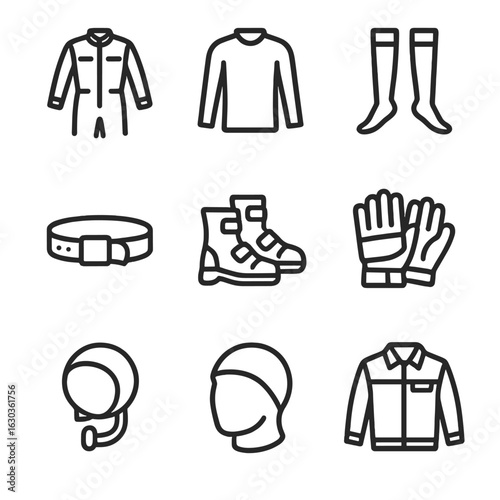 Zero Gravity Clothing Icons. Outline icon set of clothing in zero gravity: flight suit, thermal layer, compression socks, velcro