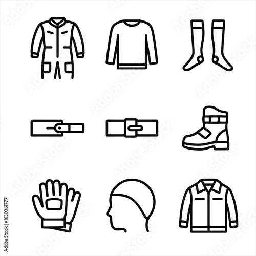 Zero Gravity Clothing Icons. Outline icon set of clothing in zero gravity: flight suit, thermal layer, compression socks, velcro