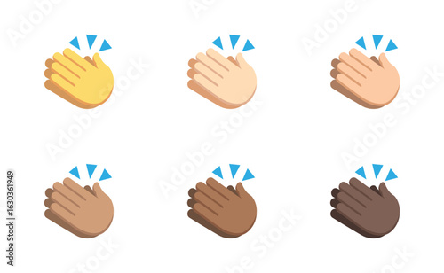 Illustration of six clapping hands emojis with different skin tones and blue burst symbols above