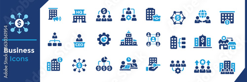 Collection of Blue Business Icons Representing Finance Management and Corporate Structure