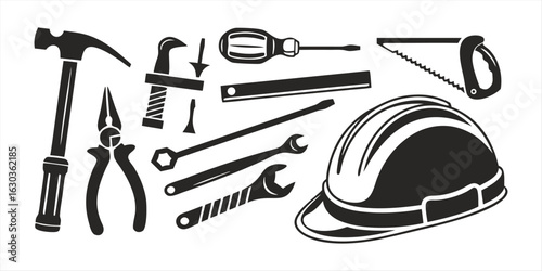 Happy Labor day concept Different type of Tools and Hardware Icons with white background