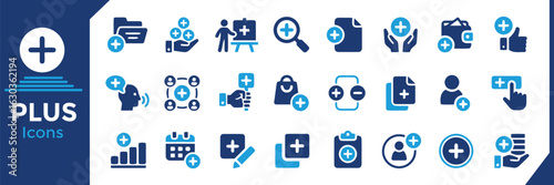 Collection of Plus Sign Icons in Various Contexts on a Dark Blue Background
