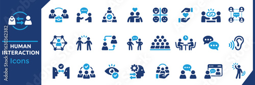 Collection of Human Interaction Icons in Blue Tones Depicting Communication and Relationships