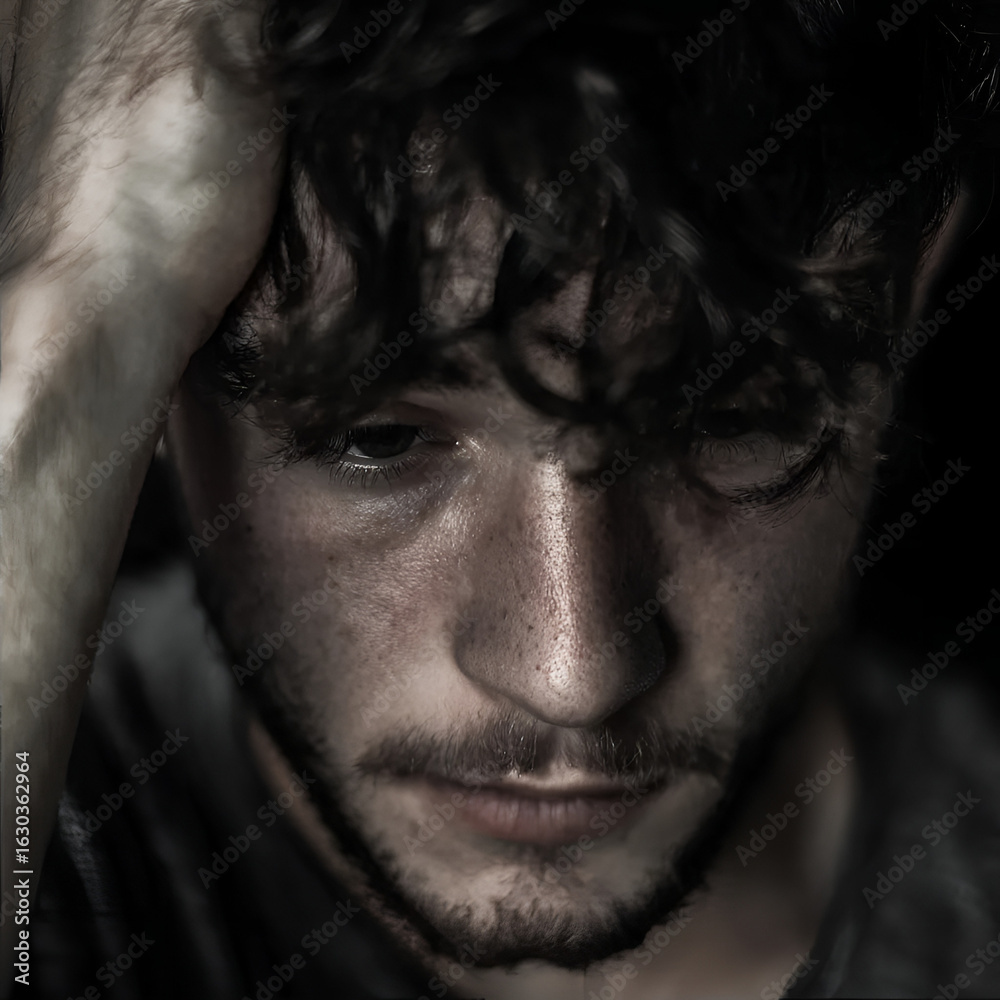 Obraz premium Professional photoshoot of a young man in depression, reflecting on his mental health problems, who needs to find a way to cope with stress. Art session in the lifestyle style.