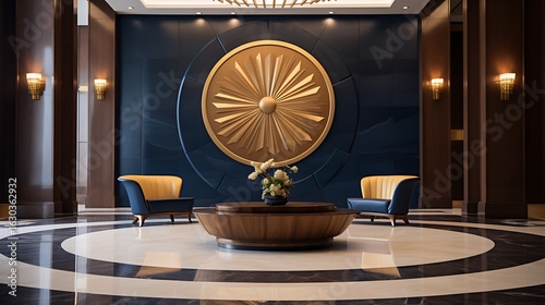 A luxurious hotel foyer with bold dark wood paneling, light cream flooring, circular velvet sofas in rich navy, a central art sculpture, and a brushed gold reception counter, full frame,