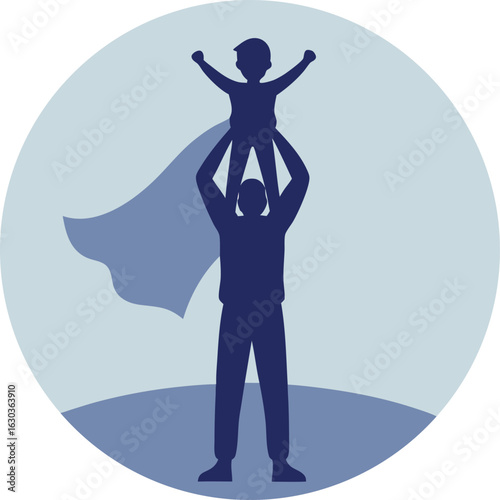 Father lifts son wearing a cape symbolizing strength and love