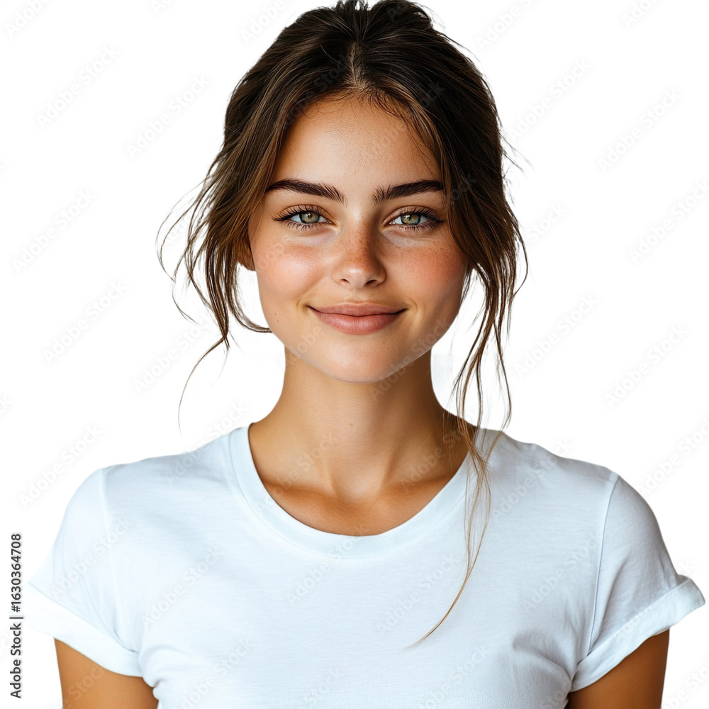 Fototapeta premium Front view close up of an extremely beautiful young woman from Luxembourg in a white t-shirt smiling isolated on a white transparent background