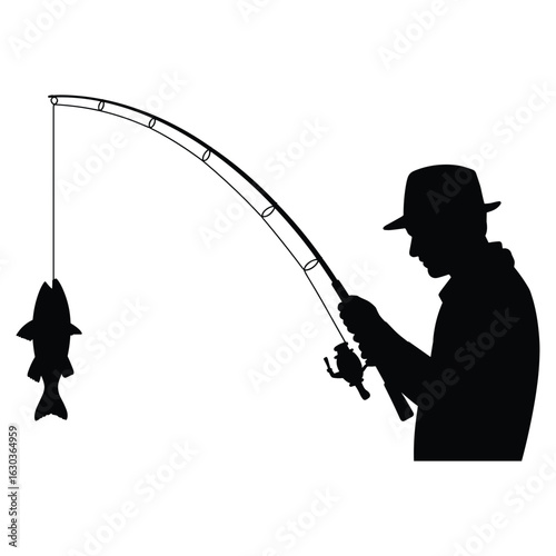 Illustration of fisherman with caught fish isolated on white