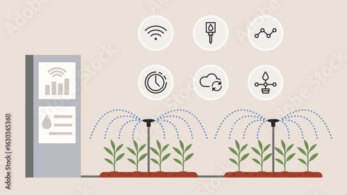 Smart irrigation system automatically watering crops using sensor data, weather sync and digital control panel. Flat vector illustration
