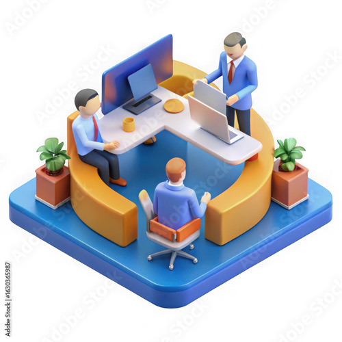 Three business professionals collaborating around a modern office desk with computers and plants isolated on transparent background