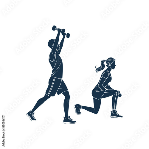 silhouettes of a man and woman exercising vector art