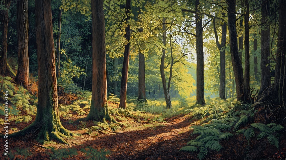 Naklejka premium Lush forest path bathed in sunlight, tall trees with textured bark frame a shaded trail through dense green ferns