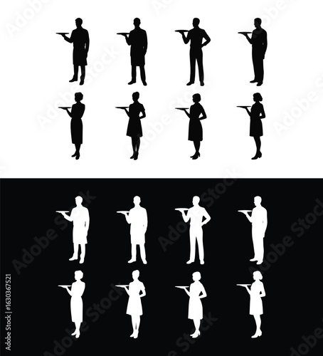 Waiters and waitresses holding trays silhouettes set