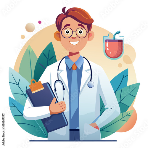 Smiling Doctor, Clipboard, Stethoscope, Cartoon Style, Healthcare Concept, Friendly, Professional, Medical Illustration,  Health, Wellness.