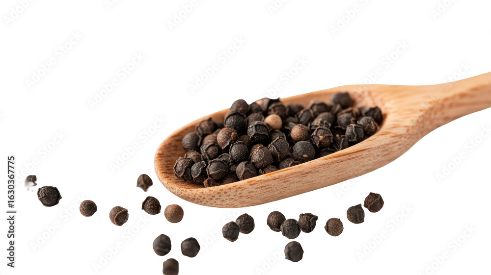 Black pepper falling from wooden spoon on transparent background Black pepper falling from wooden spoon on transparent background