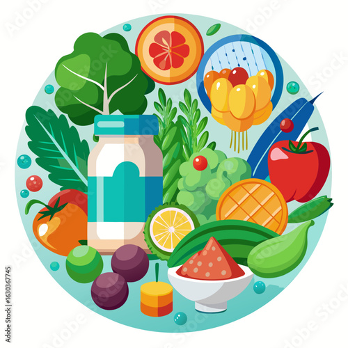 Vibrant Flat-Lay Illustration: Healthy Foods, Vitamins, and Supplement Bottle for Wellness Branding