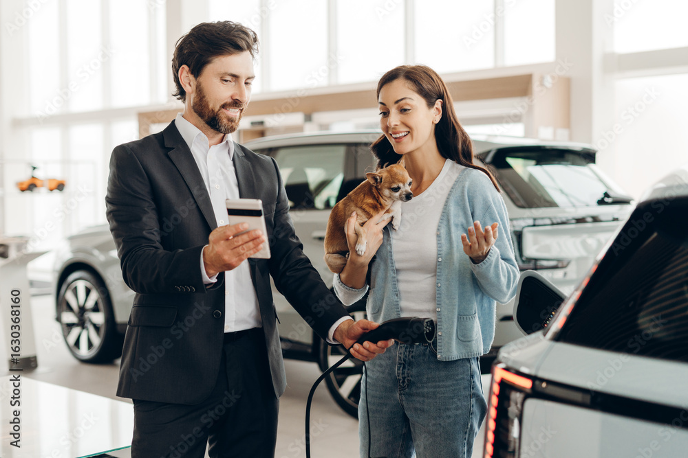 Obraz premium Salesman showing credit card reader to woman charging electric car with dog