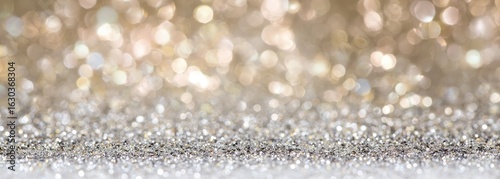 Festive, shimmering background of light gold and silver bokeh and glitter