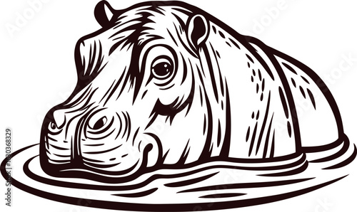 Hand drawn hippopotamus head above water line black and white vintage engraving illustration