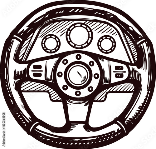 Hand drawn retro steering wheel isolated on white background with dashboard, vintage automobile engraved