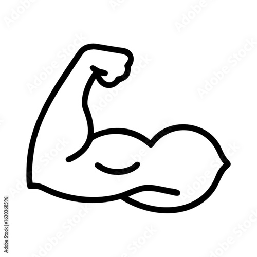Monochrome line icon of a powerful flexed bicep arm, a symbol of strength and fitness.