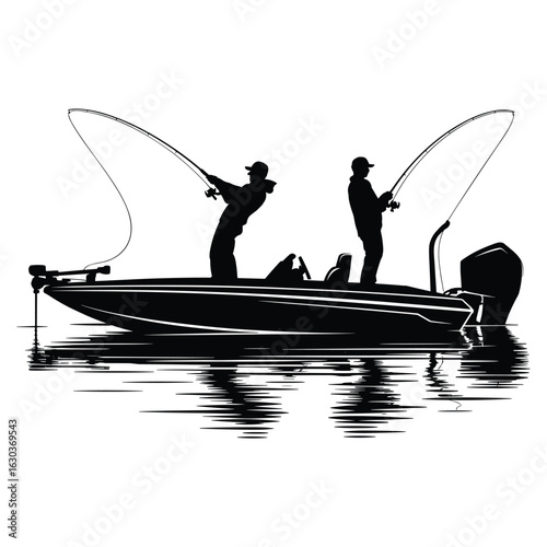 Illustration of two fishermen on a boat casting lines