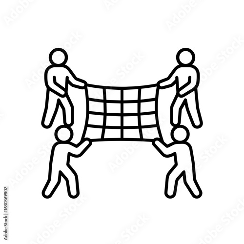 Four people holding rescue net icon in outline style representing teamwork and safety support