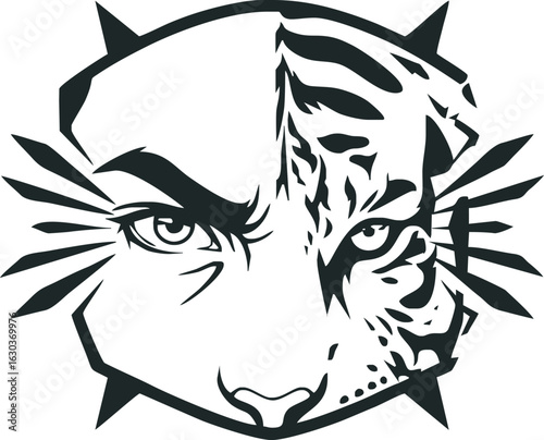 A fierce, stylized graphic of a hybrid face, half human and half tiger, within a spiked emblem.