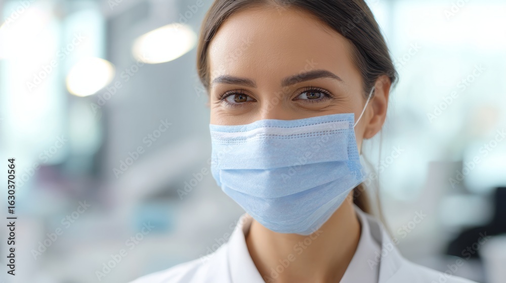 Smiling dentist in face mask with soft light against blurred clinic background.
Smiling dentist in face mask with soft light against blurred clinic background.