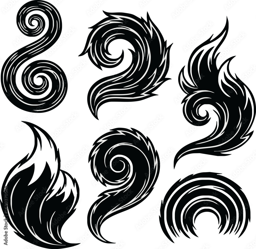 Fototapeta premium Set of six stylized, decorative, swirling, flame-like graphic elements.