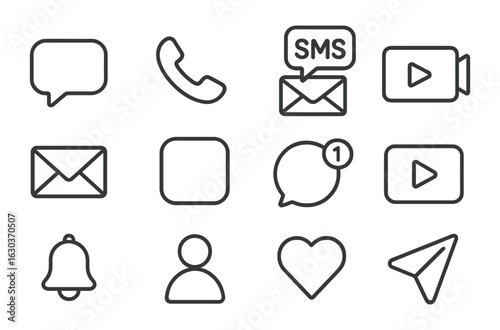 Set of minimal black line communication icons including message, phone, video call, notification, and social media interaction symbols