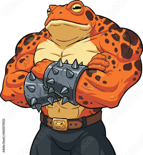 Cartoon illustration of a muscular orange toad with dark spots, wearing spiked wristbands and a belt with a toad buckle, arms crossed.