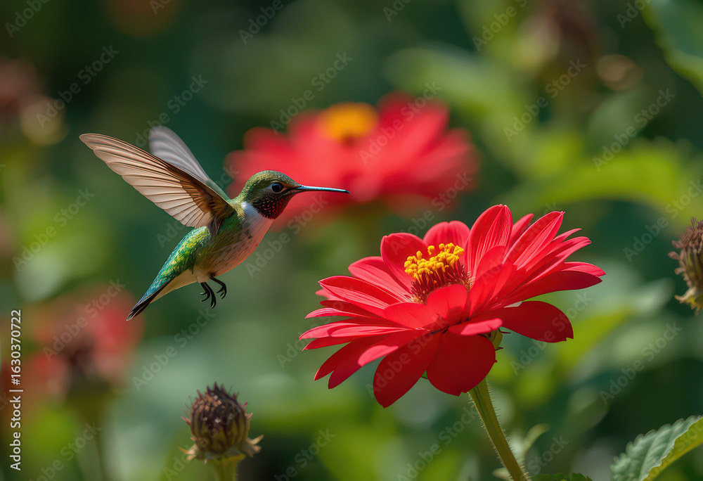 Naklejka premium A hummingbird hovering near a vibrant red flower in a lush green garden