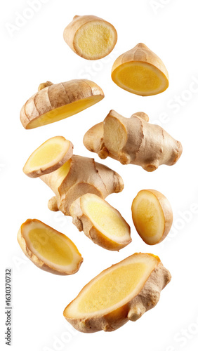 flying ginger and half slices isolated on transparent white background, clipping path