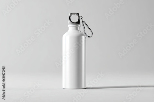 Blank white aluminum water bottle with silver cap and carabiner