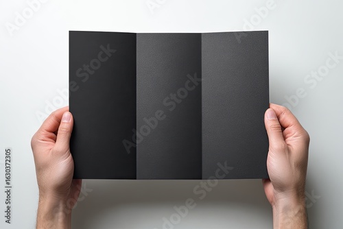 Hands holding open a black tri-fold brochure