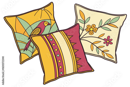 Illustration of three decorative pillows with different designs and colors arranged together nicely