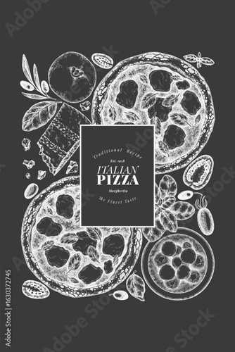 Hand Drawn Vector Pizza Illustration. Not AI Generated. Retro Margarita Pizza Chalk Board Design Template. Old School Italian Food Background
