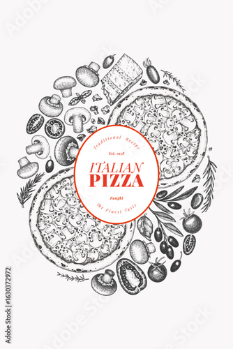 Hand Drawn Vector Pizza Illustration. Not AI Generated. Retro Mushroom Pizza Design Template. Old School Italian Food