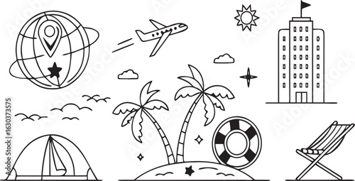Palm Tree Sun Beach Ball Outline Icons
