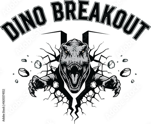A fierce Tyrannosaurus Rex roars while breaking through a cracked wall in this monochrome illustration.