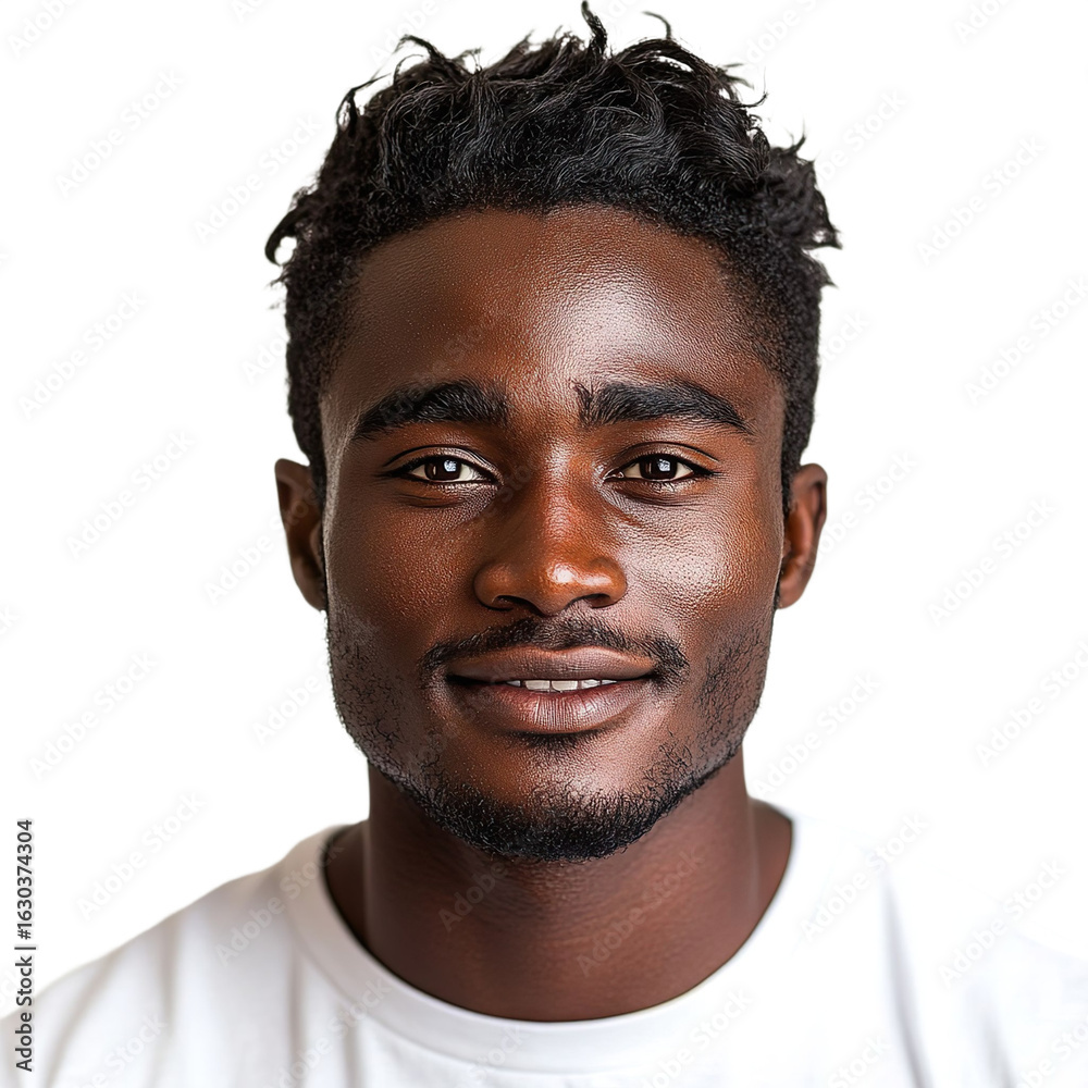 Obraz premium Front view close up of an extremely beautiful young man from Burkina Faso in a white t-shirt smiling isolated on a white transparent background