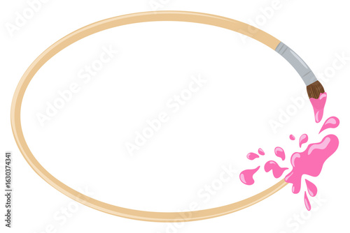 Cheerful oval frame wooden painting brush with pink paint and splashes. Vector empty template copy space. Isolated watercolor paint brush as outline for information. Creativity design, children