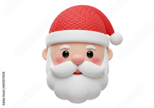 Isolated Cute 3D Santa Claus Head with Red Knitted Hat