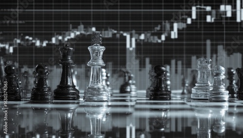 Chess pieces on a board, overlaid with stock market charts