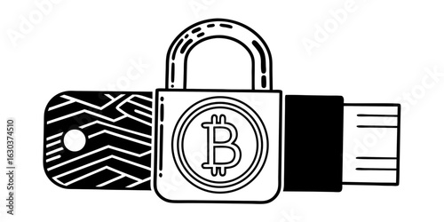 Secure bitcoin usb drive for crypto storage and hardware wallet security with bitcoin padlock protection crypto vector line icon on transparent background