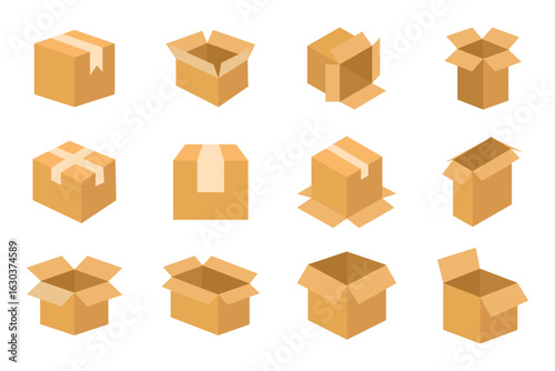 Set of different brown cardboard packaging boxes. Collection of cardboard box mockups. Shipping carton open and closed box with breakable signs. Parcel packaging template. Vector illustration