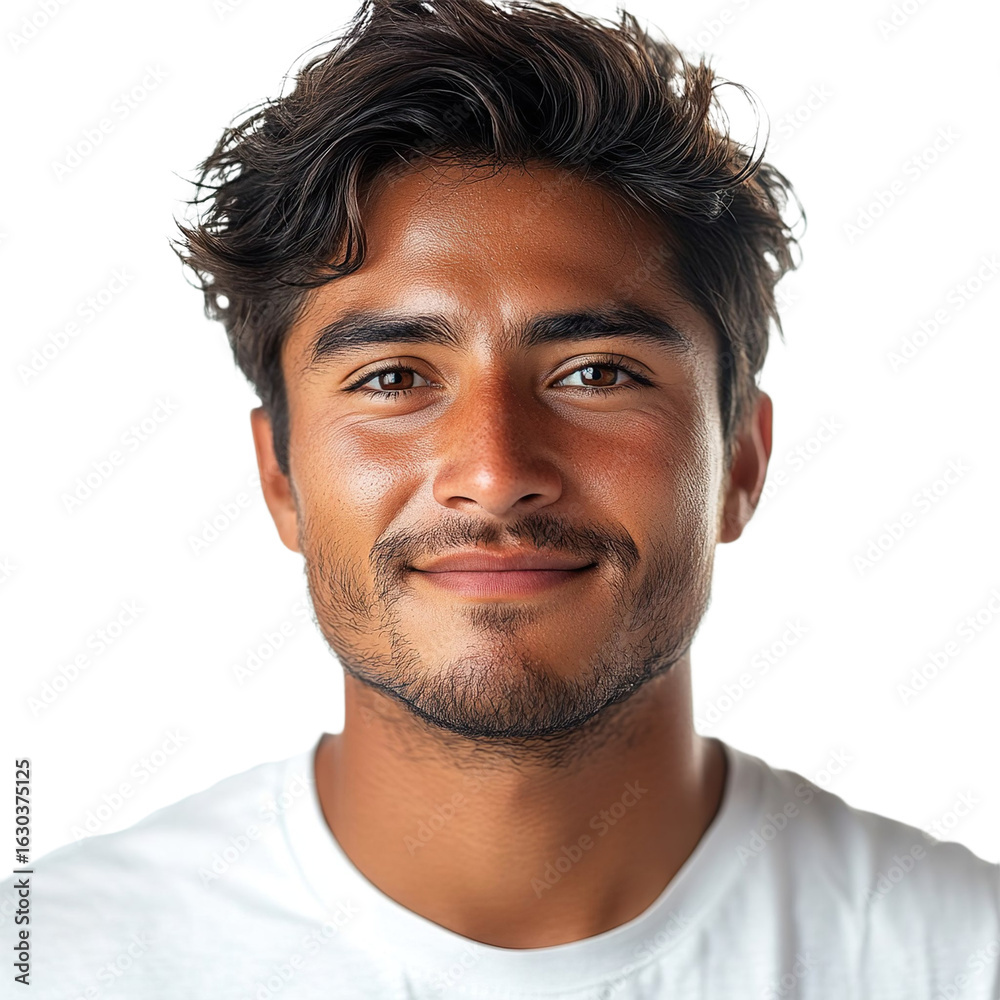 Fototapeta premium Front view close up of an extremely beautiful young man from Colombia in a white t-shirt smiling isolated on a white transparent background